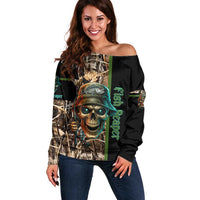 Personalized Fish Reaper Skull Off Shoulder Sweater Camouflage Background and Fishing Rod Graphic Design - Wonder Print Shop