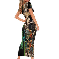 Personalized Fish Reaper Skull Short Sleeve Bodycon Dress Camouflage Background and Fishing Rod Graphic Design - Wonder Print Shop