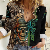 Personalized Fish Reaper Skull Women Casual Shirt Camouflage Background and Fishing Rod Graphic Design - Wonder Print Shop