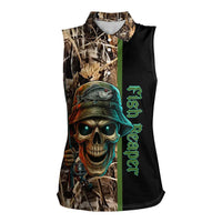 Personalized Fish Reaper Skull Women Sleeveless Polo Shirt Camouflage Background and Fishing Rod Graphic Design - Wonder Print Shop