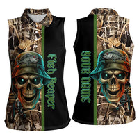 Personalized Fish Reaper Skull Women Sleeveless Polo Shirt Camouflage Background and Fishing Rod Graphic Design - Wonder Print Shop