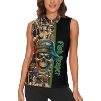 Personalized Fish Reaper Skull Women Sleeveless Polo Shirt Camouflage Background and Fishing Rod Graphic Design - Wonder Print Shop