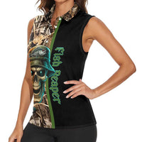 Personalized Fish Reaper Skull Women Sleeveless Polo Shirt Camouflage Background and Fishing Rod Graphic Design - Wonder Print Shop