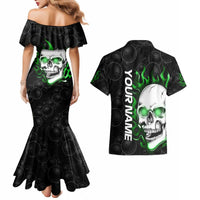 Personalized Skull Bowling Couples Matching Mermaid Dress and Hawaiian Shirt Green Flame Skull - Wonder Print Shop