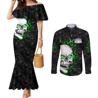 Personalized Skull Bowling Couples Matching Mermaid Dress and Long Sleeve Button Shirt Green Flame Skull - Wonder Print Shop