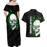 Personalized Skull Bowling Couples Matching Off Shoulder Maxi Dress and Hawaiian Shirt Green Flame Skull - Wonder Print Shop