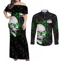 Personalized Skull Bowling Couples Matching Off Shoulder Maxi Dress and Long Sleeve Button Shirt Green Flame Skull - Wonder Print Shop