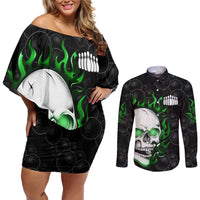 Personalized Skull Bowling Couples Matching Off Shoulder Short Dress and Long Sleeve Button Shirt Green Flame Skull - Wonder Print Shop