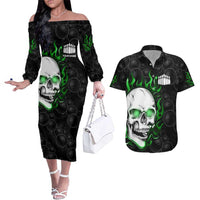 Personalized Skull Bowling Couples Matching Off The Shoulder Long Sleeve Dress and Hawaiian Shirt Green Flame Skull - Wonder Print Shop