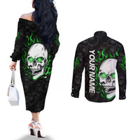 Personalized Skull Bowling Couples Matching Off The Shoulder Long Sleeve Dress and Long Sleeve Button Shirt Green Flame Skull - Wonder Print Shop