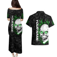 Personalized Skull Bowling Couples Matching Puletasi and Hawaiian Shirt Green Flame Skull - Wonder Print Shop