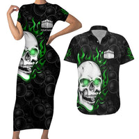 Personalized Skull Bowling Couples Matching Short Sleeve Bodycon Dress and Hawaiian Shirt Green Flame Skull - Wonder Print Shop