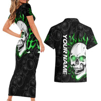 Personalized Skull Bowling Couples Matching Short Sleeve Bodycon Dress and Hawaiian Shirt Green Flame Skull - Wonder Print Shop