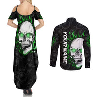 Personalized Skull Bowling Couples Matching Summer Maxi Dress and Long Sleeve Button Shirt Green Flame Skull - Wonder Print Shop