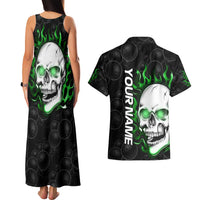 Personalized Skull Bowling Couples Matching Tank Maxi Dress and Hawaiian Shirt Green Flame Skull - Wonder Print Shop