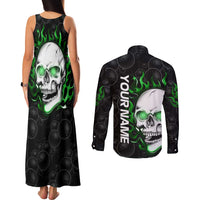 Personalized Skull Bowling Couples Matching Tank Maxi Dress and Long Sleeve Button Shirt Green Flame Skull - Wonder Print Shop