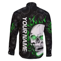 Personalized Skull Bowling Family Matching Long Sleeve Bodycon Dress and Hawaiian Shirt Green Flame Skull - Wonder Print Shop
