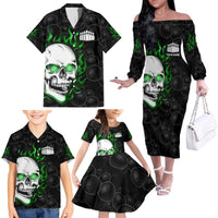 Personalized Skull Bowling Family Matching Off The Shoulder Long Sleeve Dress and Hawaiian Shirt Green Flame Skull - Wonder Print Shop