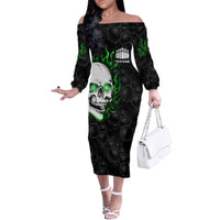 Personalized Skull Bowling Family Matching Off The Shoulder Long Sleeve Dress and Hawaiian Shirt Green Flame Skull - Wonder Print Shop