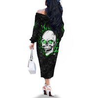 Personalized Skull Bowling Family Matching Off The Shoulder Long Sleeve Dress and Hawaiian Shirt Green Flame Skull - Wonder Print Shop