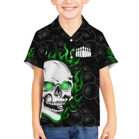 Personalized Skull Bowling Family Matching Off The Shoulder Long Sleeve Dress and Hawaiian Shirt Green Flame Skull - Wonder Print Shop