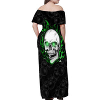 Personalized Skull Bowling Family Matching Off Shoulder Maxi Dress and Hawaiian Shirt Green Flame Skull - Wonder Print Shop