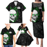 Personalized Skull Bowling Family Matching Puletasi and Hawaiian Shirt Green Flame Skull - Wonder Print Shop