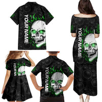 Personalized Skull Bowling Family Matching Puletasi and Hawaiian Shirt Green Flame Skull - Wonder Print Shop