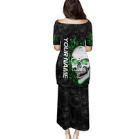 Personalized Skull Bowling Family Matching Puletasi and Hawaiian Shirt Green Flame Skull - Wonder Print Shop