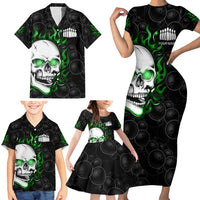 Personalized Skull Bowling Family Matching Short Sleeve Bodycon Dress and Hawaiian Shirt Green Flame Skull - Wonder Print Shop
