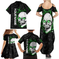 Personalized Skull Bowling Family Matching Summer Maxi Dress and Hawaiian Shirt Green Flame Skull - Wonder Print Shop
