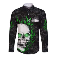 Personalized Skull Bowling Long Sleeve Button Shirt Green Flame Skull - Wonder Print Shop