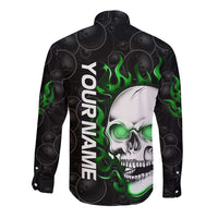 Personalized Skull Bowling Long Sleeve Button Shirt Green Flame Skull - Wonder Print Shop