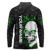 Personalized Skull Bowling Long Sleeve Polo Shirt Green Flame Skull - Wonder Print Shop