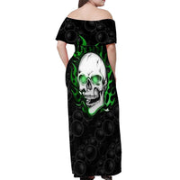 Personalized Skull Bowling Off Shoulder Maxi Dress Green Flame Skull - Wonder Print Shop