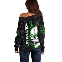 Personalized Skull Bowling Off Shoulder Sweater Green Flame Skull - Wonder Print Shop