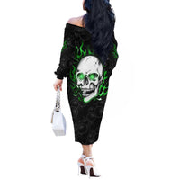 Personalized Skull Bowling Off The Shoulder Long Sleeve Dress Green Flame Skull - Wonder Print Shop