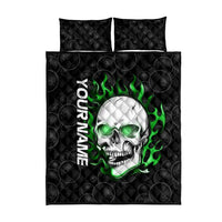 Personalized Skull Bowling Quilt Bed Set Green Flame Skull - Wonder Print Shop