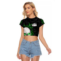 Personalized Skull Bowling Raglan Cropped T Shirt Green Flame Skull - Wonder Print Shop