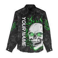 Personalized Skull Bowling Women Casual Shirt Green Flame Skull - Wonder Print Shop