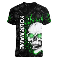 Personalized Skull Bowling Women V-Neck T-Shirt Green Flame Skull - Wonder Print Shop