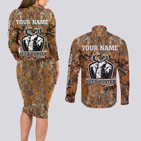 Custom Deer Hunting Couples Matching Long Sleeve Bodycon Dress and Long Sleeve Button Shirt Big Game Camo Forest Design and Skeleton Archer - Wonder Print Shop