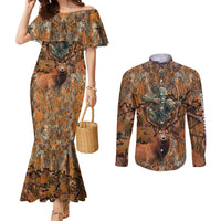 Custom Deer Hunting Couples Matching Mermaid Dress and Long Sleeve Button Shirt Big Game Camo Forest Design and Skeleton Archer - Wonder Print Shop