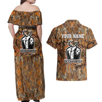 Custom Deer Hunting Couples Matching Off Shoulder Maxi Dress and Hawaiian Shirt Big Game Camo Forest Design and Skeleton Archer - Wonder Print Shop