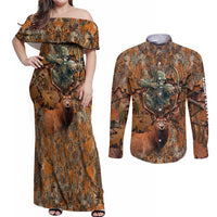 Custom Deer Hunting Couples Matching Off Shoulder Maxi Dress and Long Sleeve Button Shirt Big Game Camo Forest Design and Skeleton Archer - Wonder Print Shop
