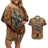 Custom Deer Hunting Couples Matching Off Shoulder Short Dress and Hawaiian Shirt Big Game Camo Forest Design and Skeleton Archer - Wonder Print Shop