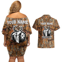 Custom Deer Hunting Couples Matching Off Shoulder Short Dress and Hawaiian Shirt Big Game Camo Forest Design and Skeleton Archer - Wonder Print Shop