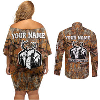 Custom Deer Hunting Couples Matching Off Shoulder Short Dress and Long Sleeve Button Shirt Big Game Camo Forest Design and Skeleton Archer - Wonder Print Shop