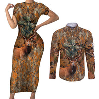 Custom Deer Hunting Couples Matching Short Sleeve Bodycon Dress and Long Sleeve Button Shirt Big Game Camo Forest Design and Skeleton Archer - Wonder Print Shop