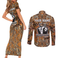 Custom Deer Hunting Couples Matching Short Sleeve Bodycon Dress and Long Sleeve Button Shirt Big Game Camo Forest Design and Skeleton Archer - Wonder Print Shop